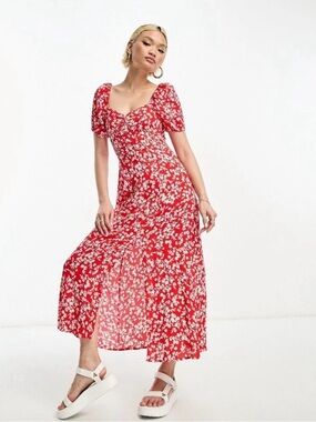 & Other Stories Women's Red Floral Puff Sleeve Dress